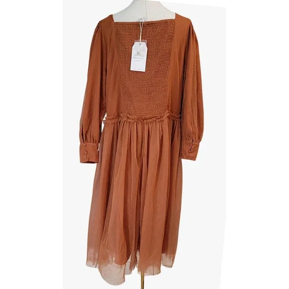 Ivy City Rust Orange Tulle Square Neck Puff Sleeve Midi Dress Plus‎ Size 2X